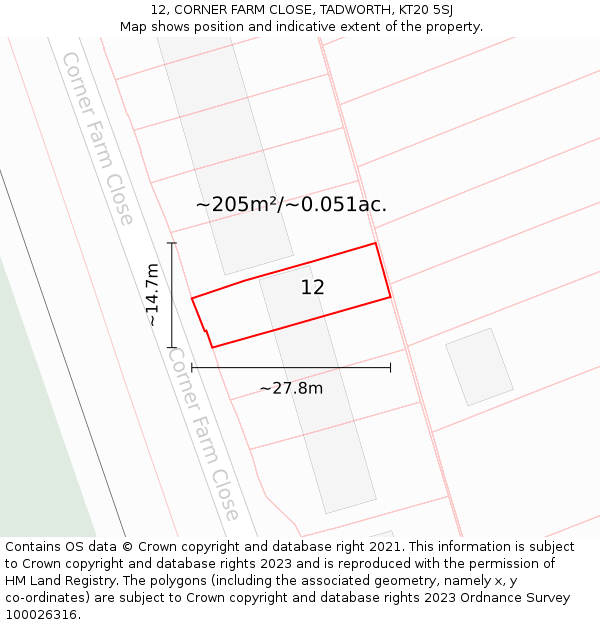 12, CORNER FARM CLOSE, TADWORTH, KT20 5SJ: Plot and title map