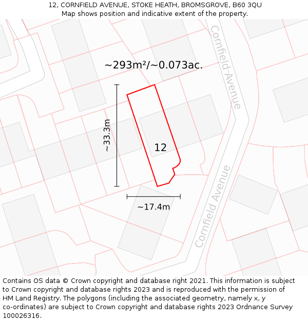 12, CORNFIELD AVENUE, STOKE HEATH, BROMSGROVE, B60 3QU: Plot and title map