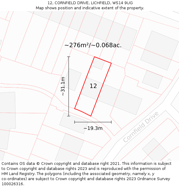 12, CORNFIELD DRIVE, LICHFIELD, WS14 9UG: Plot and title map