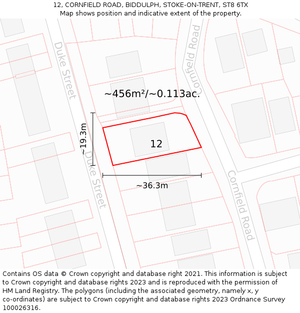 12, CORNFIELD ROAD, BIDDULPH, STOKE-ON-TRENT, ST8 6TX: Plot and title map