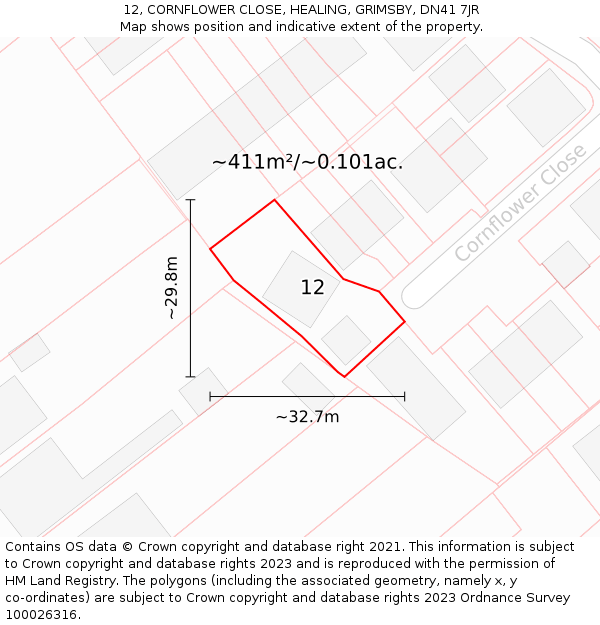 12, CORNFLOWER CLOSE, HEALING, GRIMSBY, DN41 7JR: Plot and title map