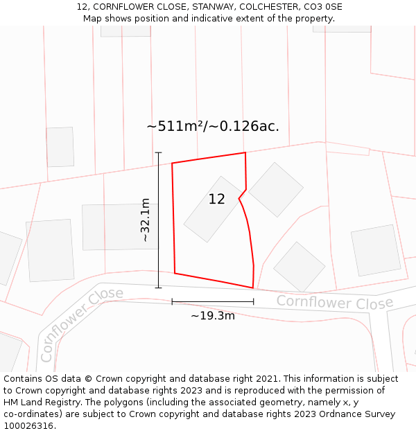12, CORNFLOWER CLOSE, STANWAY, COLCHESTER, CO3 0SE: Plot and title map