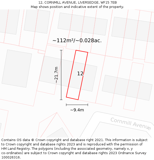 12, CORNMILL AVENUE, LIVERSEDGE, WF15 7EB: Plot and title map