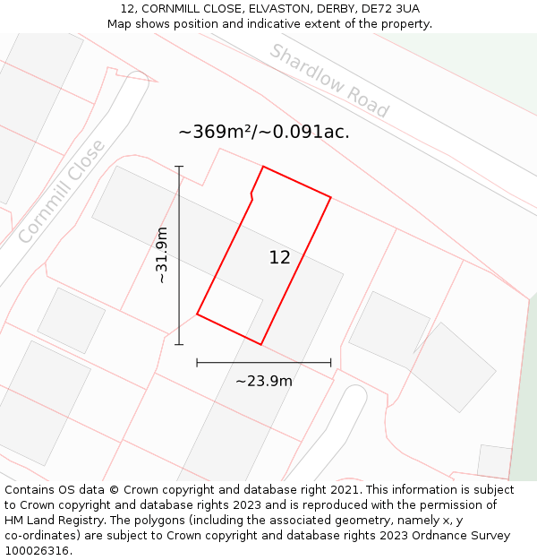 12, CORNMILL CLOSE, ELVASTON, DERBY, DE72 3UA: Plot and title map