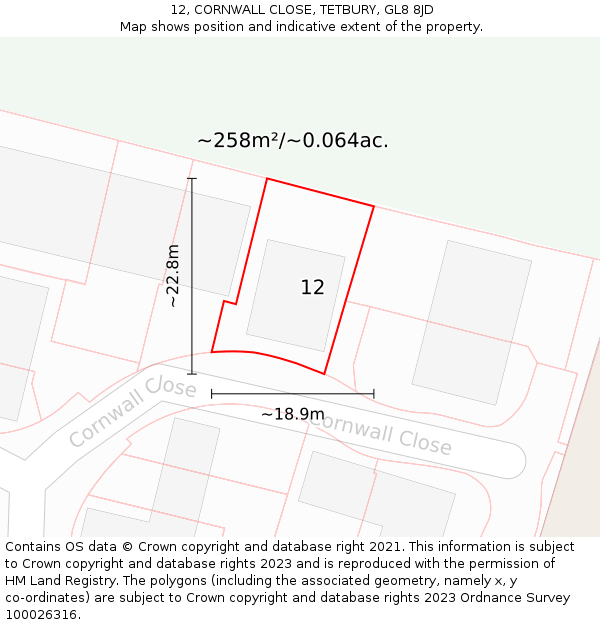 12, CORNWALL CLOSE, TETBURY, GL8 8JD: Plot and title map