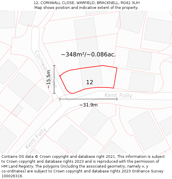 12, CORNWALL CLOSE, WARFIELD, BRACKNELL, RG42 3UH: Plot and title map
