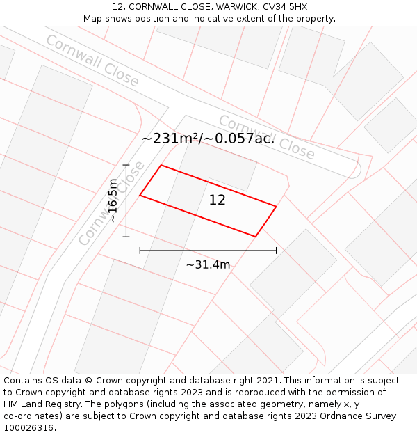 12, CORNWALL CLOSE, WARWICK, CV34 5HX: Plot and title map