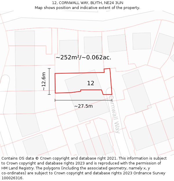 12, CORNWALL WAY, BLYTH, NE24 3UN: Plot and title map