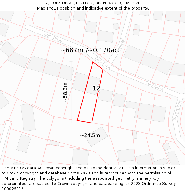 12, CORY DRIVE, HUTTON, BRENTWOOD, CM13 2PT: Plot and title map