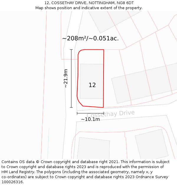 12, COSSETHAY DRIVE, NOTTINGHAM, NG8 6DT: Plot and title map