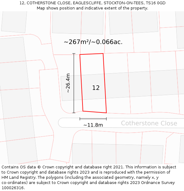 12, COTHERSTONE CLOSE, EAGLESCLIFFE, STOCKTON-ON-TEES, TS16 0GD: Plot and title map