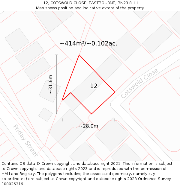 12, COTSWOLD CLOSE, EASTBOURNE, BN23 8HH: Plot and title map