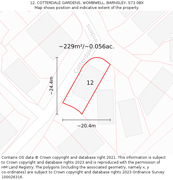 12, COTTERDALE GARDENS, WOMBWELL, BARNSLEY, S73 0BX: Plot and title map
