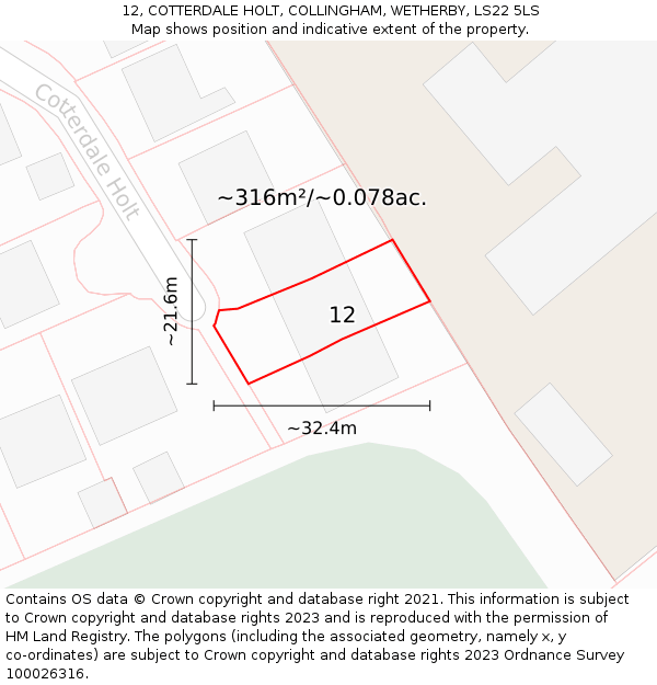 12, COTTERDALE HOLT, COLLINGHAM, WETHERBY, LS22 5LS: Plot and title map