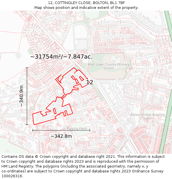 12, COTTINGLEY CLOSE, BOLTON, BL1 7BF: Plot and title map