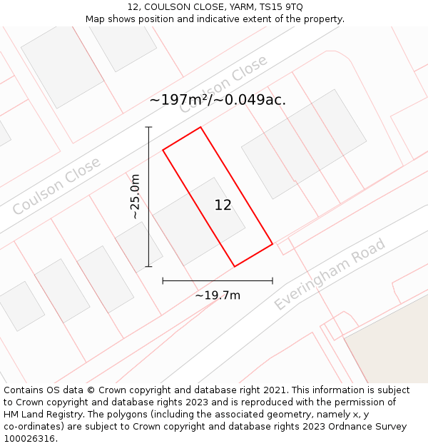 12, COULSON CLOSE, YARM, TS15 9TQ: Plot and title map