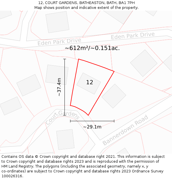 12, COURT GARDENS, BATHEASTON, BATH, BA1 7PH: Plot and title map