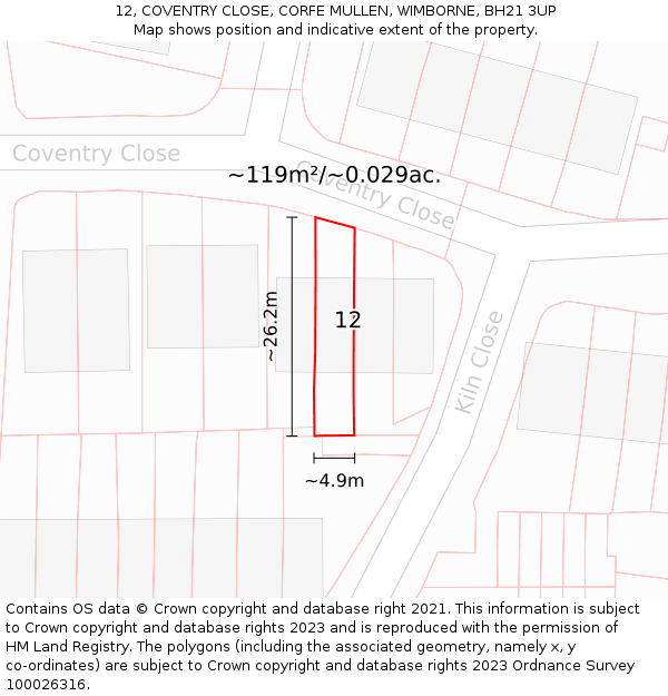 12, COVENTRY CLOSE, CORFE MULLEN, WIMBORNE, BH21 3UP: Plot and title map