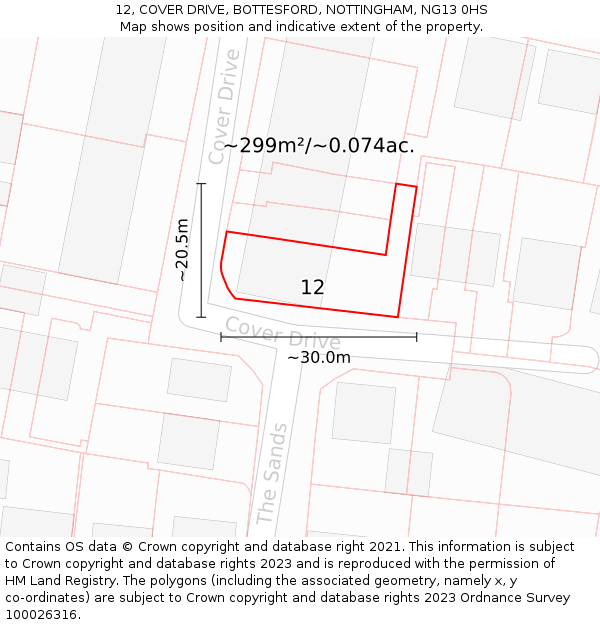 12, COVER DRIVE, BOTTESFORD, NOTTINGHAM, NG13 0HS: Plot and title map