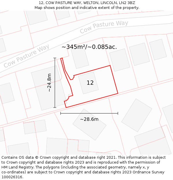 12, COW PASTURE WAY, WELTON, LINCOLN, LN2 3BZ: Plot and title map