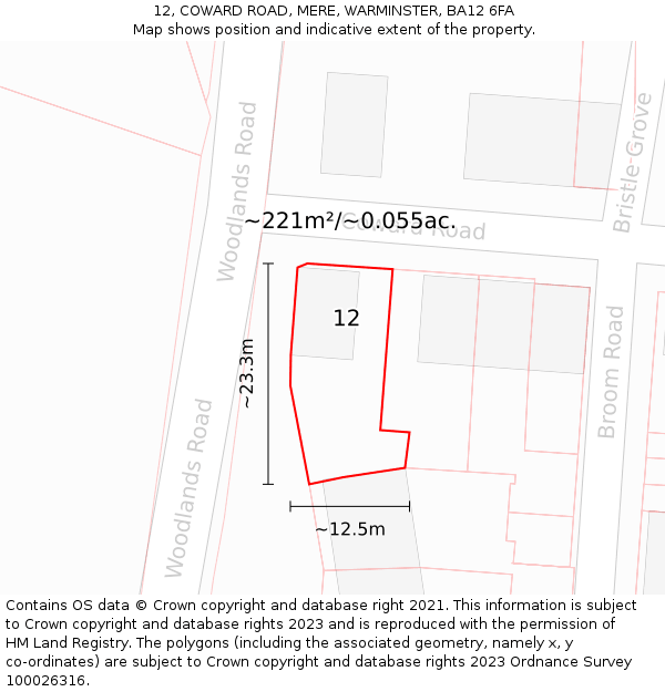 12, COWARD ROAD, MERE, WARMINSTER, BA12 6FA: Plot and title map