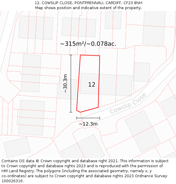 12, COWSLIP CLOSE, PONTPRENNAU, CARDIFF, CF23 8NH: Plot and title map