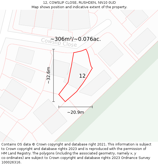 12, COWSLIP CLOSE, RUSHDEN, NN10 0UD: Plot and title map