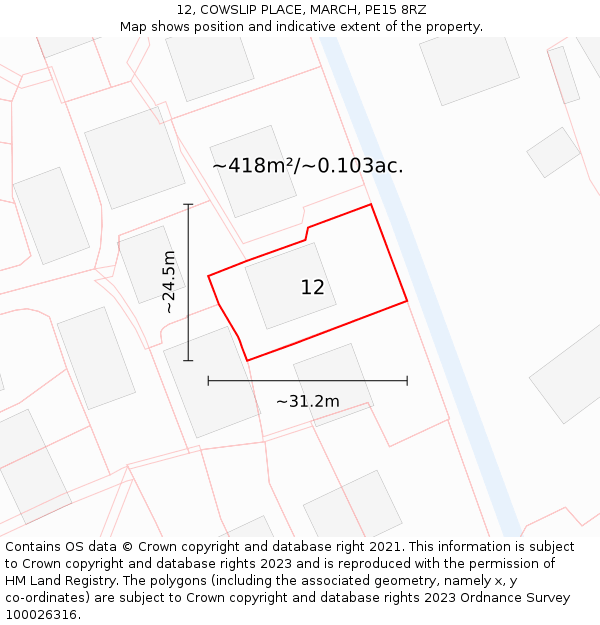12, COWSLIP PLACE, MARCH, PE15 8RZ: Plot and title map