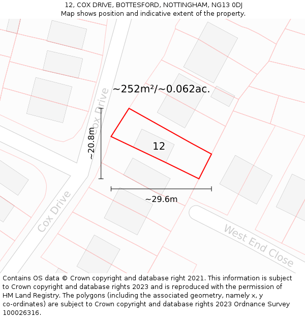 12, COX DRIVE, BOTTESFORD, NOTTINGHAM, NG13 0DJ: Plot and title map