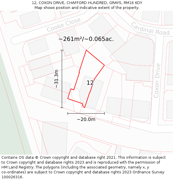 12, COXON DRIVE, CHAFFORD HUNDRED, GRAYS, RM16 6DY: Plot and title map