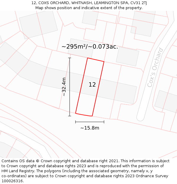 12, COXS ORCHARD, WHITNASH, LEAMINGTON SPA, CV31 2TJ: Plot and title map