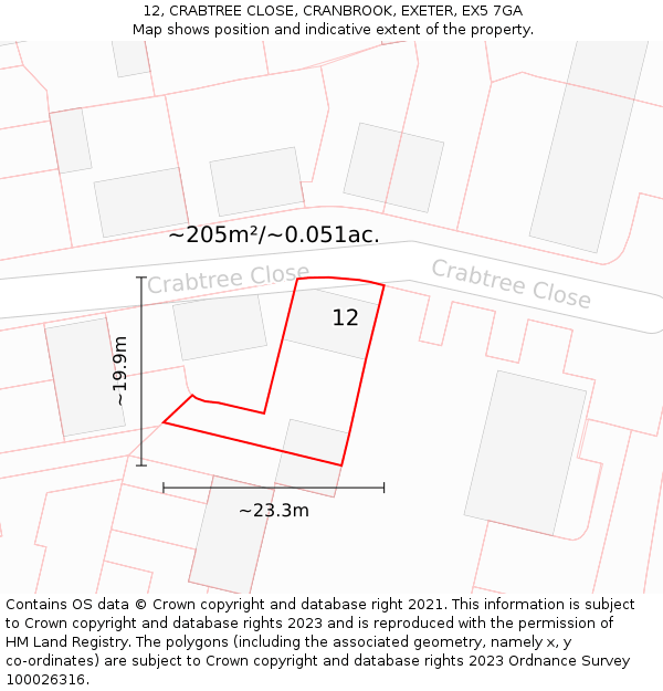 12, CRABTREE CLOSE, CRANBROOK, EXETER, EX5 7GA: Plot and title map