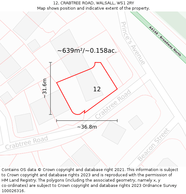 12, CRABTREE ROAD, WALSALL, WS1 2RY: Plot and title map