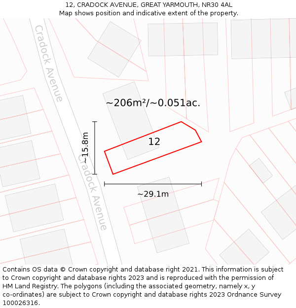 12, CRADOCK AVENUE, GREAT YARMOUTH, NR30 4AL: Plot and title map