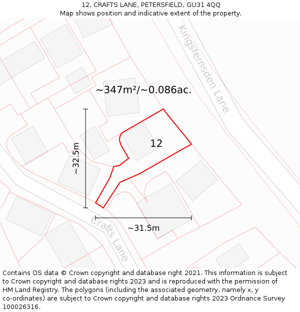 12, CRAFTS LANE, PETERSFIELD, GU31 4QQ: Plot and title map
