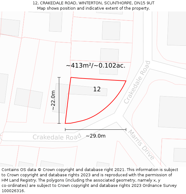 12, CRAKEDALE ROAD, WINTERTON, SCUNTHORPE, DN15 9UT: Plot and title map