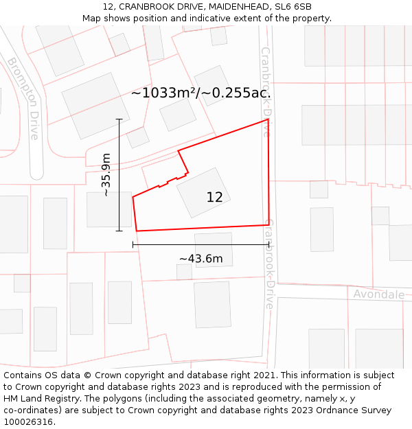 12, CRANBROOK DRIVE, MAIDENHEAD, SL6 6SB: Plot and title map
