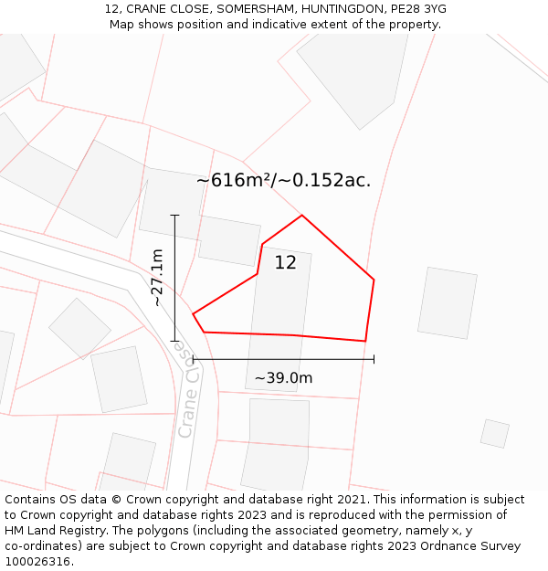 12, CRANE CLOSE, SOMERSHAM, HUNTINGDON, PE28 3YG: Plot and title map
