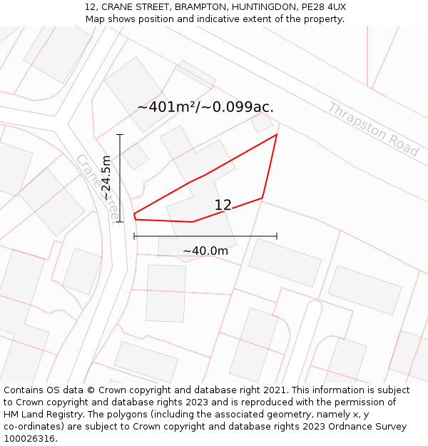 12, CRANE STREET, BRAMPTON, HUNTINGDON, PE28 4UX: Plot and title map
