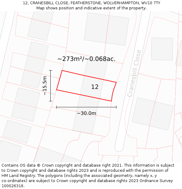 12, CRANESBILL CLOSE, FEATHERSTONE, WOLVERHAMPTON, WV10 7TY: Plot and title map