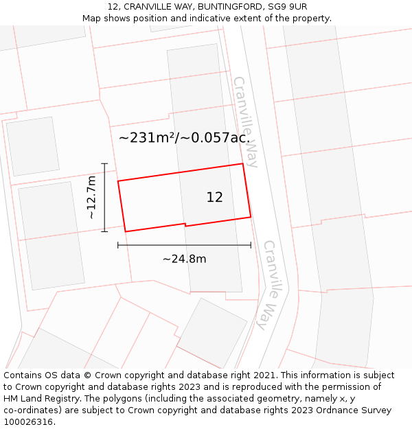 12, CRANVILLE WAY, BUNTINGFORD, SG9 9UR: Plot and title map