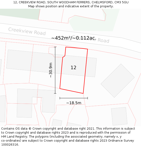 12, CREEKVIEW ROAD, SOUTH WOODHAM FERRERS, CHELMSFORD, CM3 5GU: Plot and title map