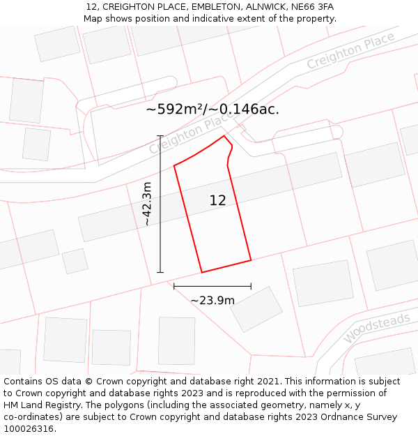 12, CREIGHTON PLACE, EMBLETON, ALNWICK, NE66 3FA: Plot and title map