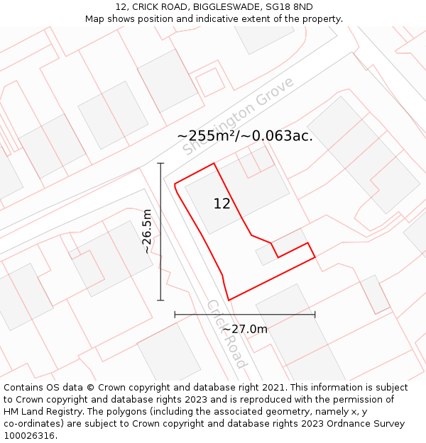 12, CRICK ROAD, BIGGLESWADE, SG18 8ND: Plot and title map