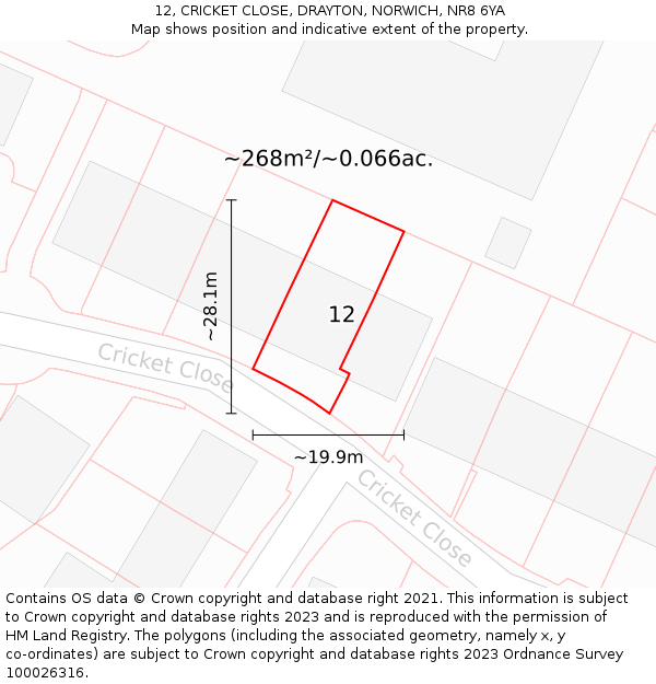 12, CRICKET CLOSE, DRAYTON, NORWICH, NR8 6YA: Plot and title map