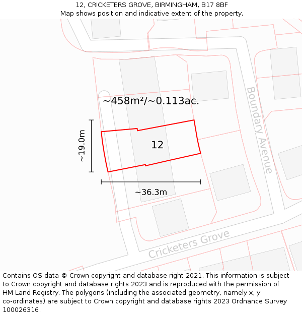 12, CRICKETERS GROVE, BIRMINGHAM, B17 8BF: Plot and title map