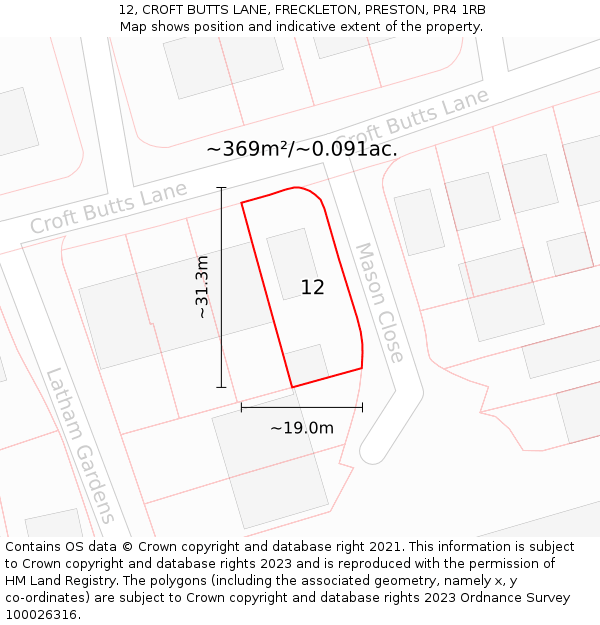 12, CROFT BUTTS LANE, FRECKLETON, PRESTON, PR4 1RB: Plot and title map