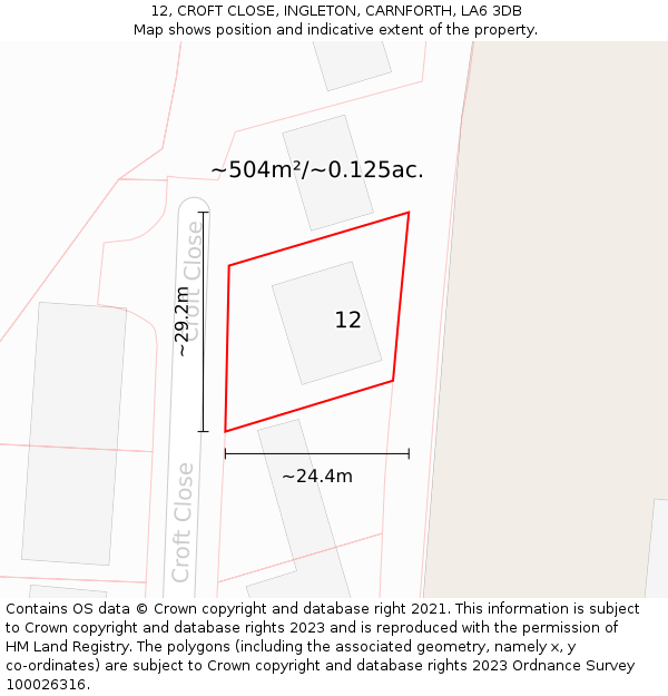 12, CROFT CLOSE, INGLETON, CARNFORTH, LA6 3DB: Plot and title map