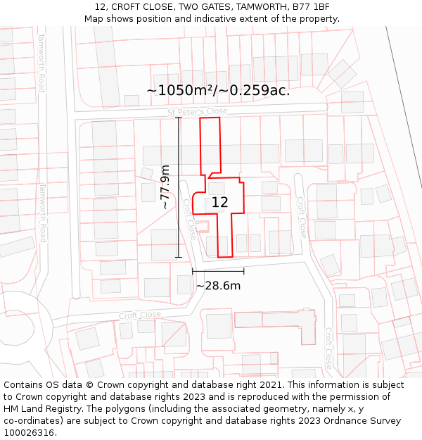 12, CROFT CLOSE, TWO GATES, TAMWORTH, B77 1BF: Plot and title map