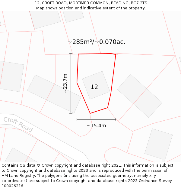 12, CROFT ROAD, MORTIMER COMMON, READING, RG7 3TS: Plot and title map